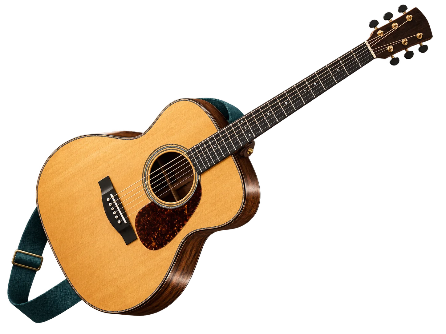 Handcrafted acoustic guitar with a teal strap